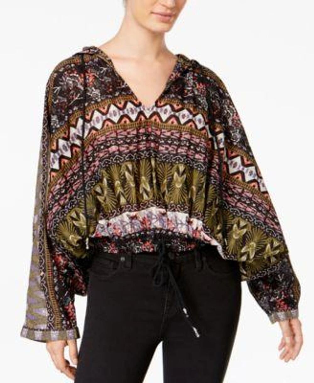 Free People Black Aztec Print Hold On Tight Gauze Hooded Oversized Top XS/S